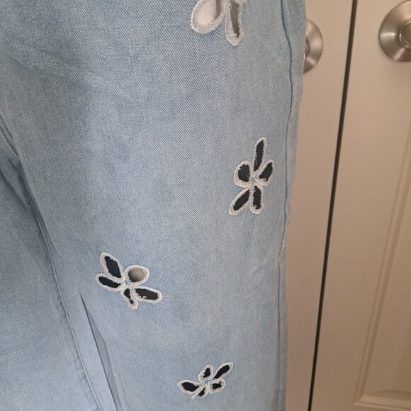 CIDER light blue jean overalls cut out floral wide leg western cowgirl festival - Picture 5 of 9